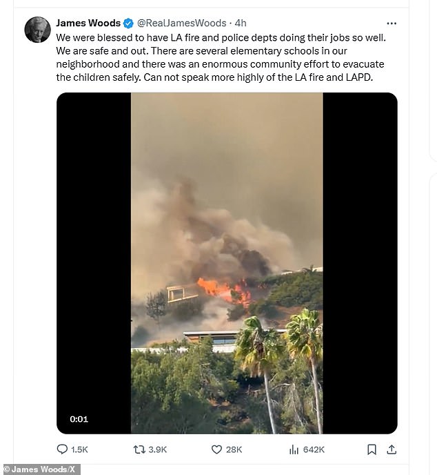 Several celebrities have lost their homes in the devastation, including James Woods (pictured), Anna Faris, Cary Elwes, Paris Hilton, Diane Warren, Anthony Hopkins, John Goodman, Eugene Levy, Miles Teller, Billy Crystal and Adam Brody.