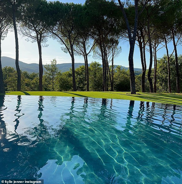 This scenic shot showed the bright blue pool in the backyard of the property where Jenner and Timothee were staying, with several green trees in the background