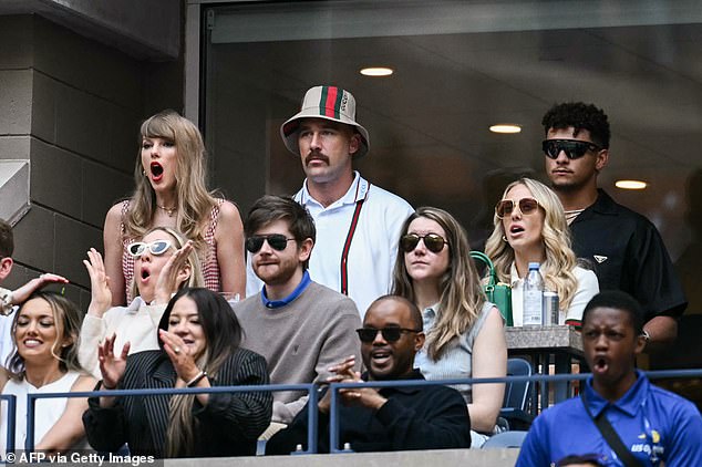 Tiafoe said he once took photos with singer Taylor Swift (above left) and that Chiefs stars Travis Kelce (above center) and Patrick Mahomes (above right) invited him to Kansas City