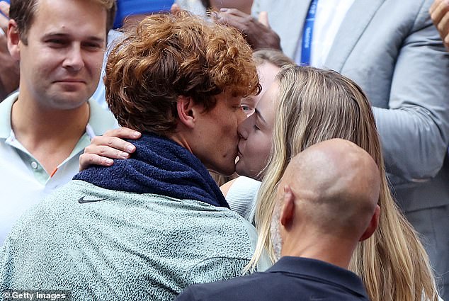 Sinner had a triumphant year on court in 2024 (pictured kissing Kalinskaya after winning the US Open last September)