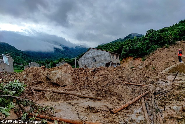 This photo taken on July 8, 2020 shows debris at the site of a landslide in Huangmei County, Huanggang City, Central Hubei Province, China