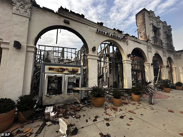 A fire-damaged Bank of America branch is seen after the Palisades fire destroyed the Pacific Palisades neighborhood of Los Angeles, Wednesday, January 8, 2025