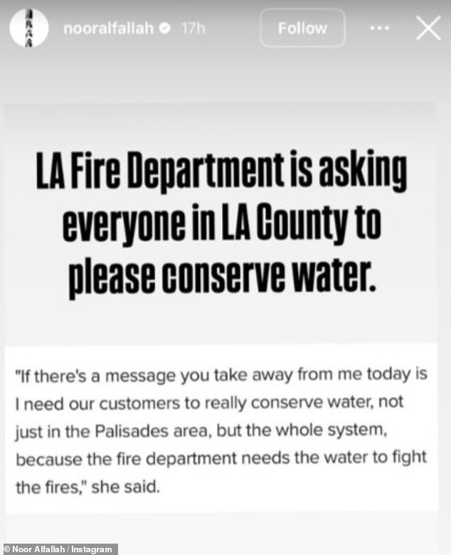 He also urged Los Angeles fans to conserve water, posting an excerpt from Los Angeles Department of Water and Power CEO Janisse Quiñones.