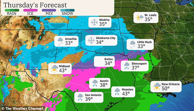 Driving could be dangerous Thursday in Oklahoma City, Tulsa, Dallas-Ft. Worth, Little Rock and the Texas Hill Country, The Weather Channel reported.