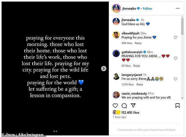 He began his message on Instagram by writing: 'praying for everyone this morning. those who lost their homes, those who lost their life's work, those who lost their lives. praying for my city. praying for wildlife and lost pets. praying for the world (blue heart emoji)'