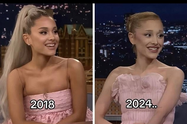 The graphic above posted online shows Ariana Grande at a show in 2018 and again at the same show, also wearing a pink dress, in 2024.