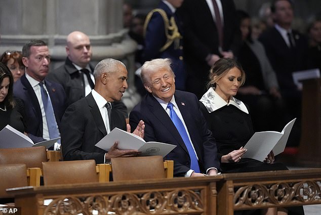 Former President Barack Obama was sitting next to Trump and the two men were seen having a long conversation.