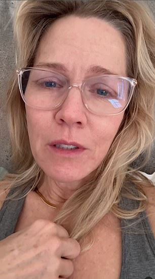 The Beverly Hills, 90210 star, 52, was makeup-free with her blonde hair down while wearing clear-frame glasses and a gray tank top.