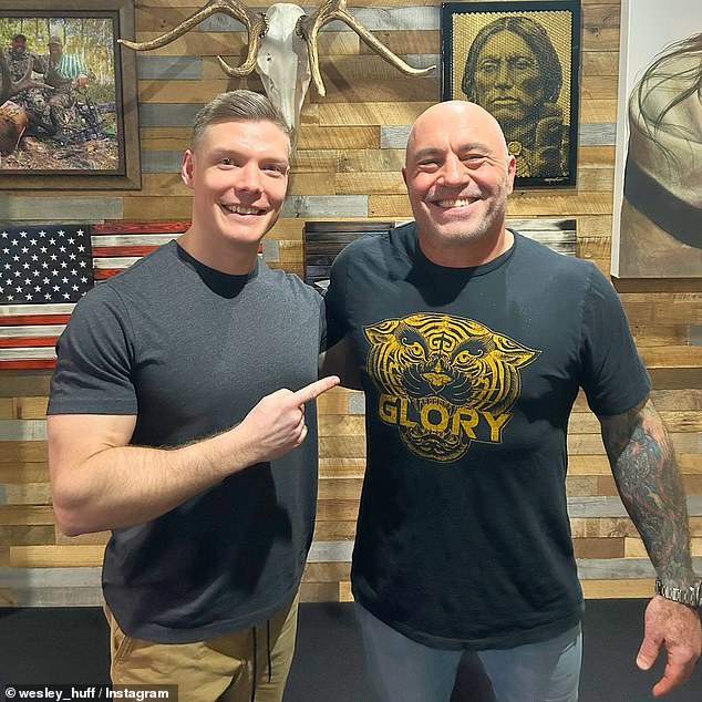 Wesley Huff (left) was invited to the Joe Rogan Experience (right) this week, where he analyzed papyrus biblical texts, ancient Roman drawings, and other scriptural accounts to make his case.