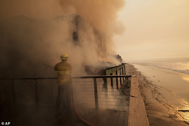 The media appearance comes amid the LA fires, which have left many celebrities without a home; A firefighter is seen trying to put out a fire at a beachfront property in Malibu on Thursday