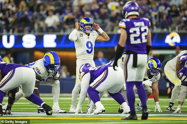 Matthew Stafford #9 of the Los Angeles Rams lines up for the snap during an NFL football game against the Minnesota Vikings at SoFi Stadium on October 24