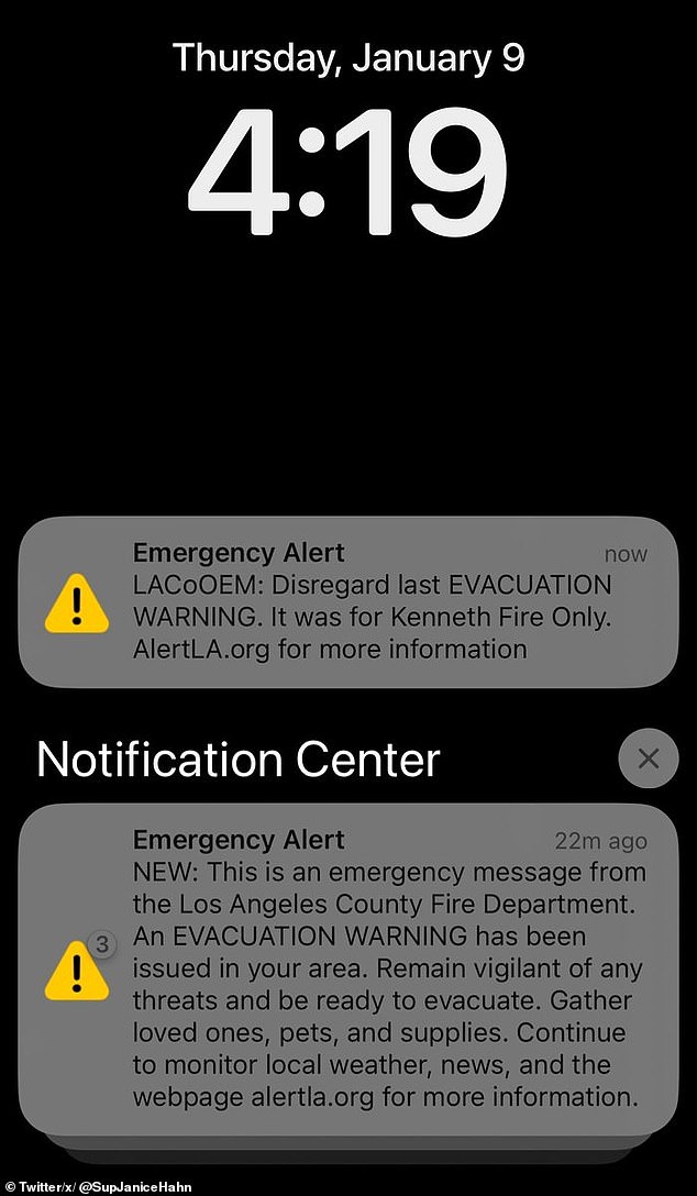 Los Angeles County officials say an evacuation order alert for residents near the Kenneth Fire in West Hills was mistakenly sent countywide Thursday afternoon. The alert was only intended for residents of Calabasas and Agoura Hills.