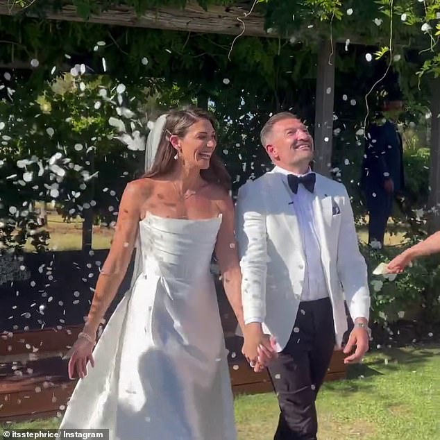 For the ceremony, Steph looked every inch the blushing bride in a gorgeous strapless satin gown that featured a long train that fluttered behind her.