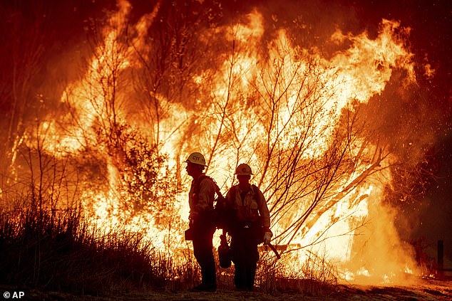 Mandatory evacuation orders have been issued as firefighters drop water bombs from the sky in an effort to contain the fire, which is being driven by strong Santa Ana winds.