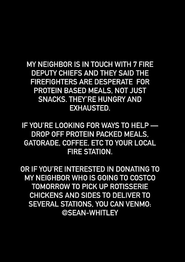 He then posted ways people could help, writing: If you are looking for ways to help, bring high protein meals, Gatorade, coffee, etc., to your local fire station?