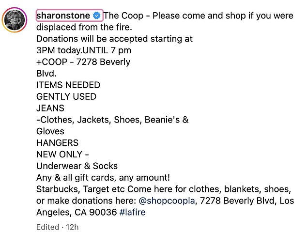 Sharon took a similar approach, using her social media to direct her 4 million followers to a Los Angeles-based outlet called COOP, where donations are collected for fire victims.