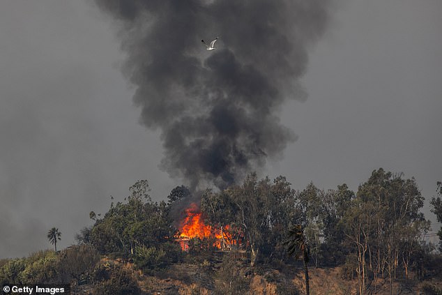 Flames (seen above) from the Palisades Fire burn a home amid a powerful wind storm Thursday.