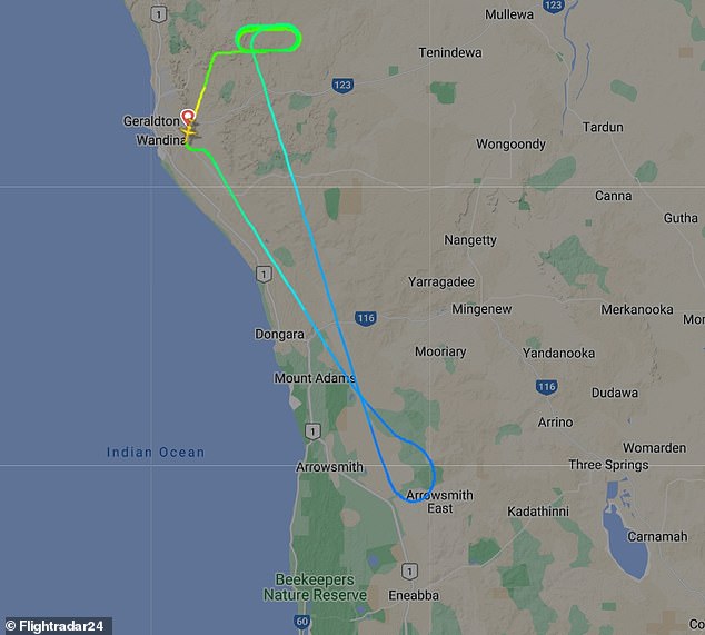 The flight turned around about 45 minutes after take-off and maintained a circular pattern before landing back at Geraldton.