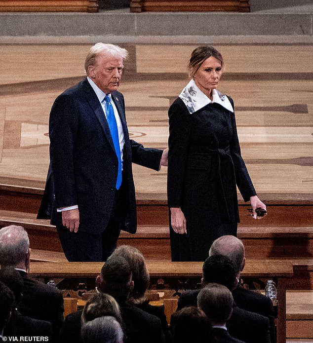 Trump was the first former CEO to enter the church, flanked by First Lady Melania, apparently wearing a pilgrim's doublet and ruff.