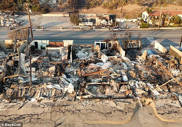 The remains of Paris Hilton's Malibu beach house can also be seen in shocking images taken on Thursday.