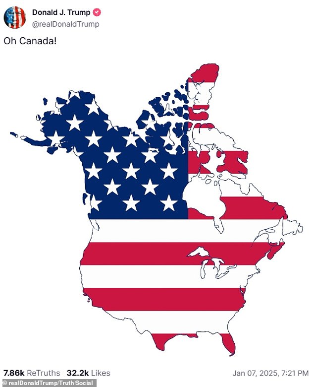 Trump this week posted a photo of the US and Canada combined under an American flag design