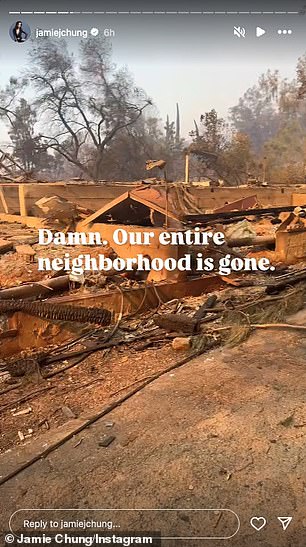 She captioned the Instastory: 'Damn. Our whole neighborhood is gone'