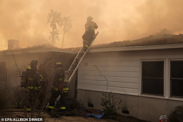 The City of Los Angeles was hit by strong Santa Ana winds that exceeded 100 mph in some areas, resulting in numerous wildfires that killed 10 people, destroyed more than 10,000 structures, and forced 130,000 residents to evacuate ( Altadena in Thursday's photo).