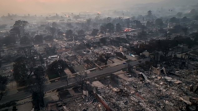 Epic damage and economic loss is estimated to range between $135 billion and $150 billion (Pacific Palisades pictured Thursday)