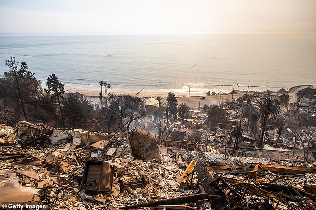 The US-based actor said his friend, a firefighter, had heroically stayed there after most of the neighborhood's residents fled the flames. Pictured: A view of the destruction in Pacific Palisades.