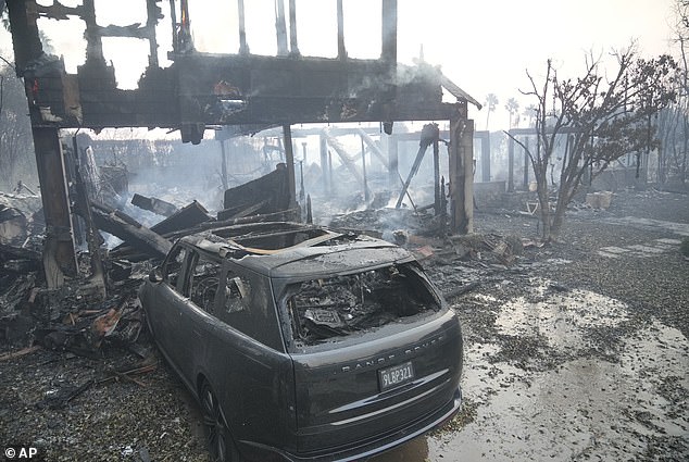 A structure is burned by the Palisades Fire in the Pacific Palisades neighborhood of Los Angeles