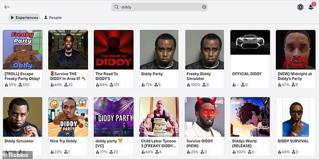 Researchers in the US investigating Roblox found 600 results when searching for 'Diddy' games