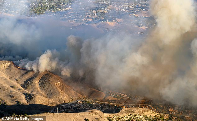 A new, fast-moving apocalyptic inferno called the Kenneth Fire threatens to level desirable neighborhoods (pictured, the Calabasas area where the Karashians reside).