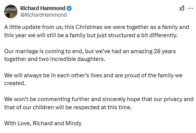 On Thursday, the Top Gear star shared that he and his wife had separated after 28 years of marriage, writing in a statement that 