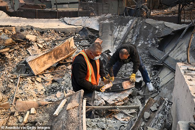 Investigators and residents search through ash and debris at homes burned during the Eaton Fire in Altadena.