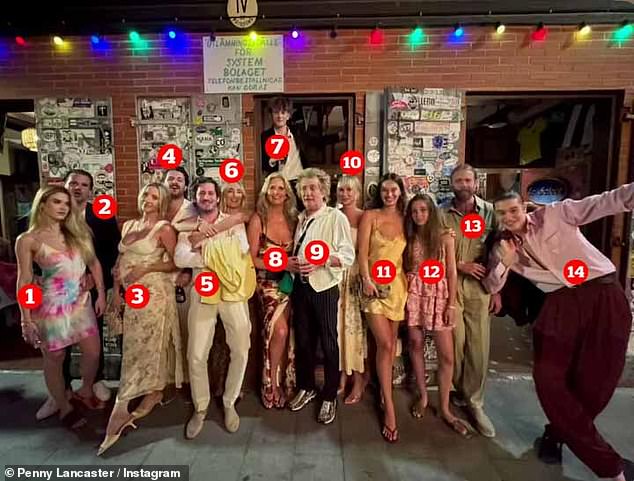 Penny, 53, shared a group snap from a night out (pictured: 1: Julia Stambler; 2: Sean Stewart; 3: Nicole Artukovich; 4: Liam Stewart; 5: Jake Kalic; 6: Ruby Stewart; 7: Aiden Patrick Stewart 8: Penny, 9: Sir Rod; 11: Renée Stewart; 12: Delilah Stewart Del Toro; Stewart)