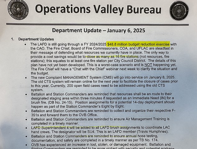 DailyMail.com interviewed current and former senior LAFD officers who were briefed on the shocking proposed cuts, and obtained the memo exclusively from an LA Fire Department (LAFD) whistleblower.