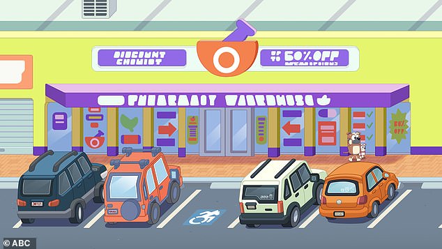 In the episode, Bluey and Bingo have fun playing with the CCTV cameras at a store called Pharmacy Warehouse.