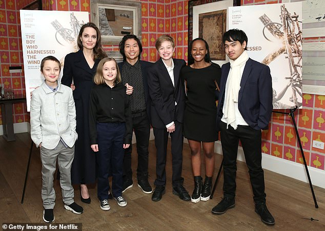 The former couple, better known as 'Brangelina', share three biological children: Shiloh, 18, and twins Knox and Vivienne, 16, as well as their adopted children Maddox, 23, Pax, 21, and Zahara ; Angelina seen with her children in 2019