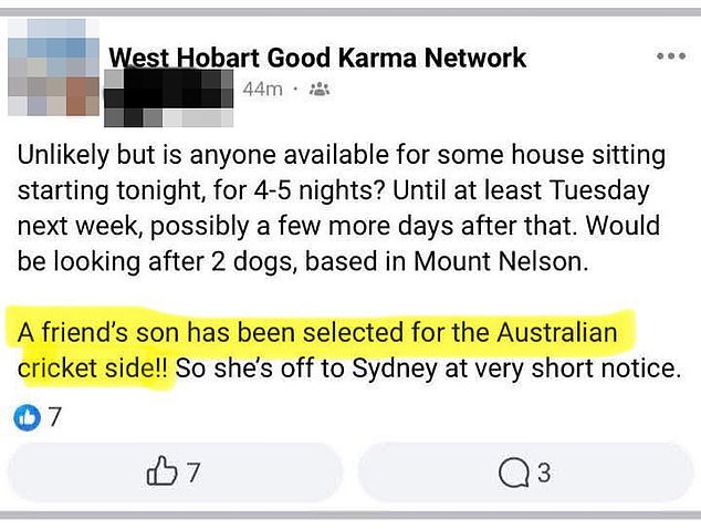 Pictured: Facebook post asking if anyone can house-sit in Mount Nelson and look after the family's two dogs.