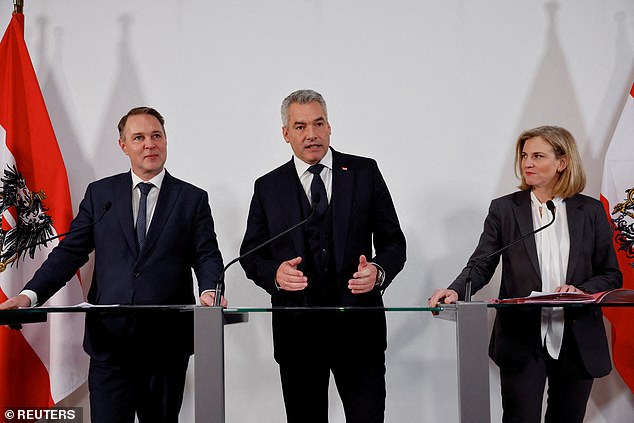 Austrian Chancellor and head of the People's Party (OeVP), Karl Nehammer, and the president of the Social Democrats, Andreas Babler, and the head of the NEOS party, Beate Meinl-Reisinger, give a press statement after coalition talks in Vienna , Austria, on December 17, 2024.