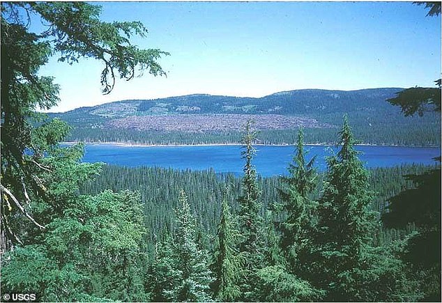 The Medicine Lake Volcanic Depression seen from the south rim. The dormant volcano is a popular tourist destination in the Sáttítla Highlands National Monument in Northern California