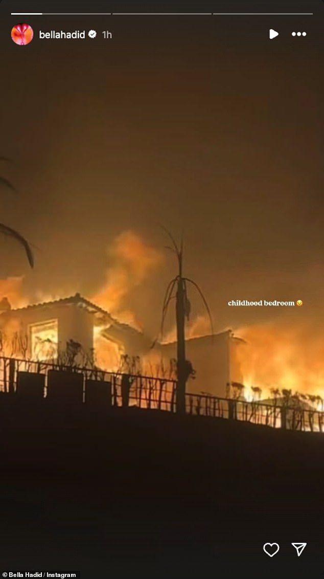 The Vogue cover girl uploaded a photo of her mother Yolanda's iconic former Malibu mansion engulfed in flames to her Instagram Stories.