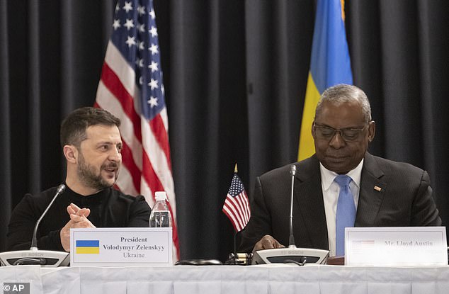 Defense Secretary Lloyd Austin (right) and Ukrainian President Volodymyr Zelenskyy attend a meeting of the Ukraine Contact Group at Ramstein Air Base, Germany, Thursday, January 9, 2025