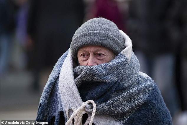 Pictured: A woman braces herself against the frigid cold in Times Square, New York City, on Saturday as more snow moves across the US this weekend