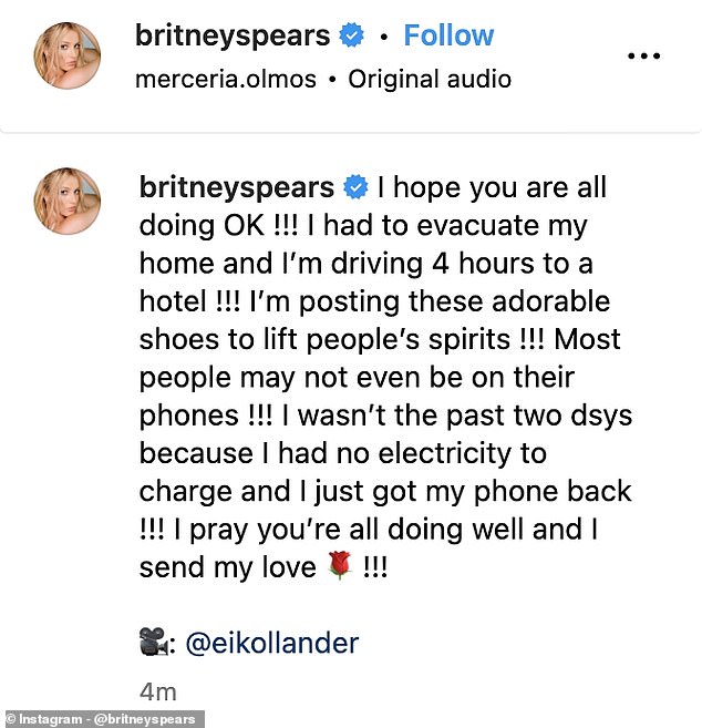 The 43-year-old singer added that she had to drive 'four hours to a hotel' and said she had been without power for days.