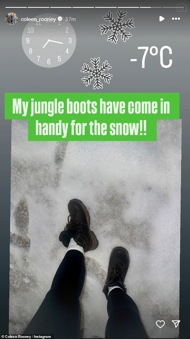 Before her outing, she took to her Instagram Stories to reveal that the boots she was wearing for her gym session were from her time in the jungle as she prepared to go out in -7C temperatures.