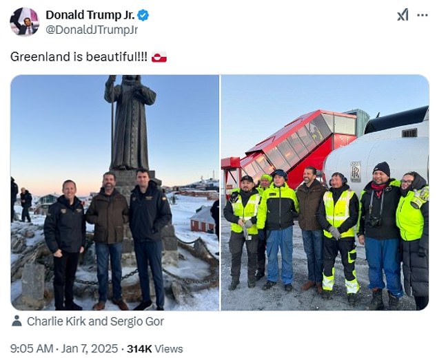 Don Jr. posted photos of himself and Charlie Kirk and Sergio Gor in front of the statue of Hans Egede, the Danish-Norwegian missionary who led missionary efforts in Greenland in the late 18th century. Don Jr. also posted a photo of the runway staff at the airport in Greenland