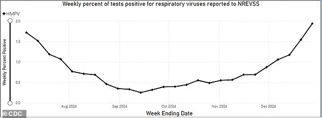 The CDC graph above shows an increase in positive HMPV tests in late December 2024.