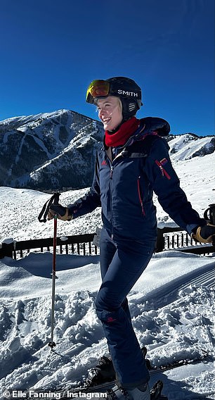 On Instagram, Elle looked stylish as she dressed warmly in a thick navy coat and snow pants as she hit the slopes.