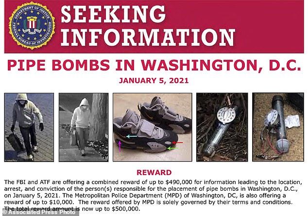 This image shows part of one "Search for information" message released by the Federal Bureau of Investigation regarding pipe bombs placed outside the offices of the Democratic and Republican National Committees in Washington on January 5, 2021, on the eve of the attack on the Capitol. (FBI via AP)